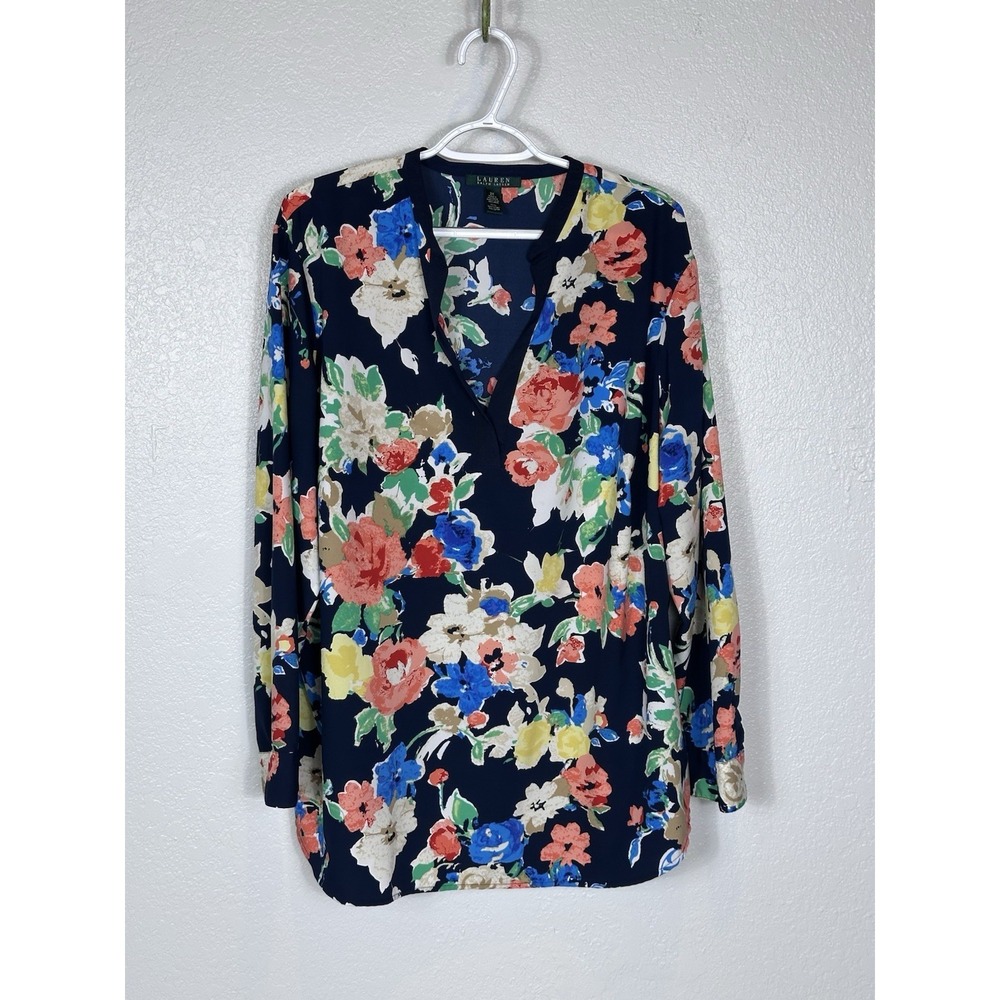 Ralph Lauren LRL Navy Floral Popover Tunic Plus Sz 2X Long Sleeve Split Neck